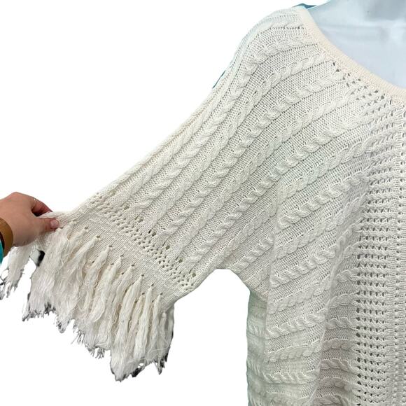 CAbi Cream Ivory Fringe Fiesta Poncho Open Knit Half Sleeve Sweater Top size M - Picture 5 of 12